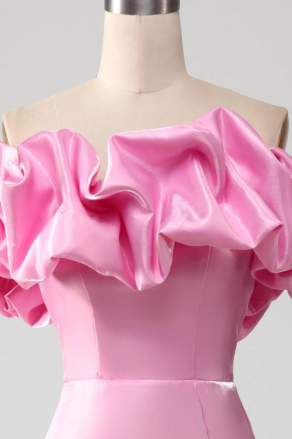 Pink mermaid off-shoulder prom dress, back view.