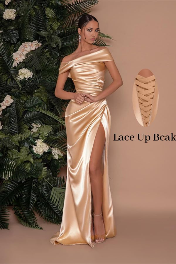 Mermaid off-shoulder pleated satin formal dress with a slit.