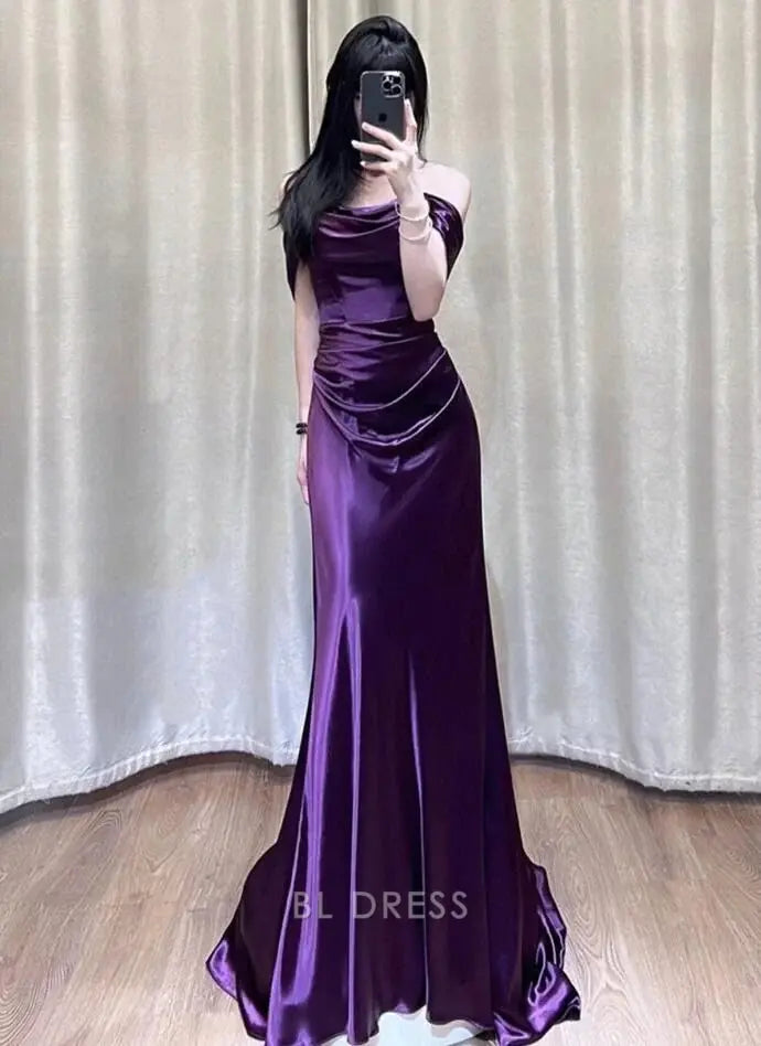 Elegant purple mermaid off-shoulder satin long formal dress.