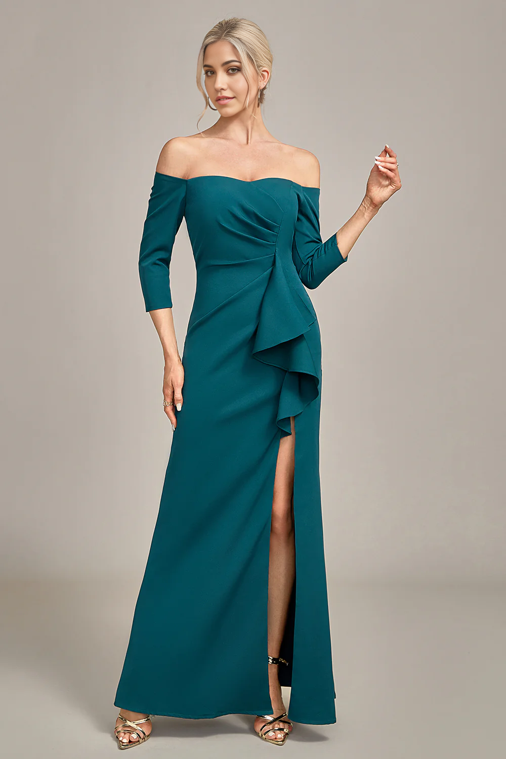 Close-up of the intricate cascading ruffles on the mermaid off-shoulder dress.