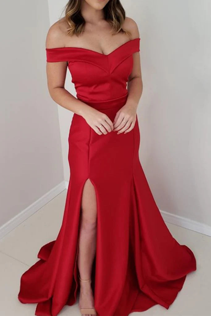 Elegant mermaid off-shoulder satin gown.