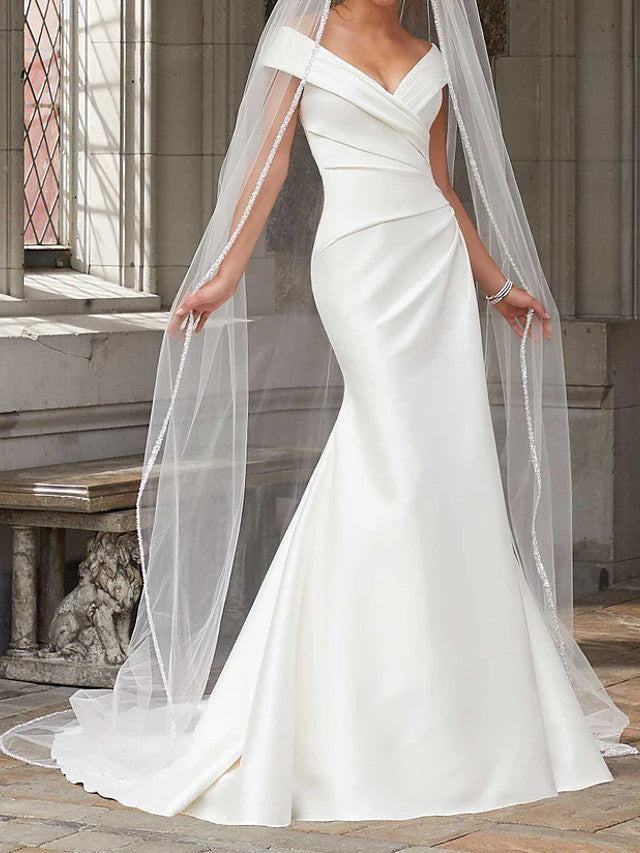 Elegant mermaid off-shoulder satin long wedding dress.