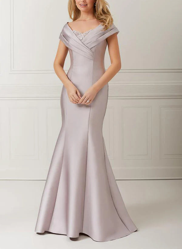 Elegant mermaid off-shoulder satin Mother of the Bride dress with appliques.