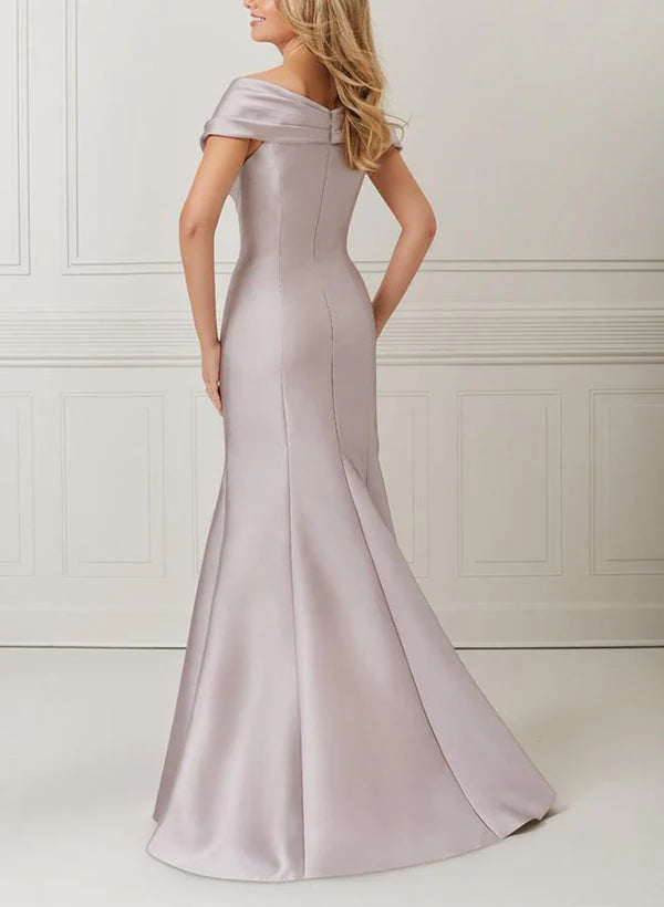 Side view of a woman wearing the mermaid off-shoulder satin formal gown.