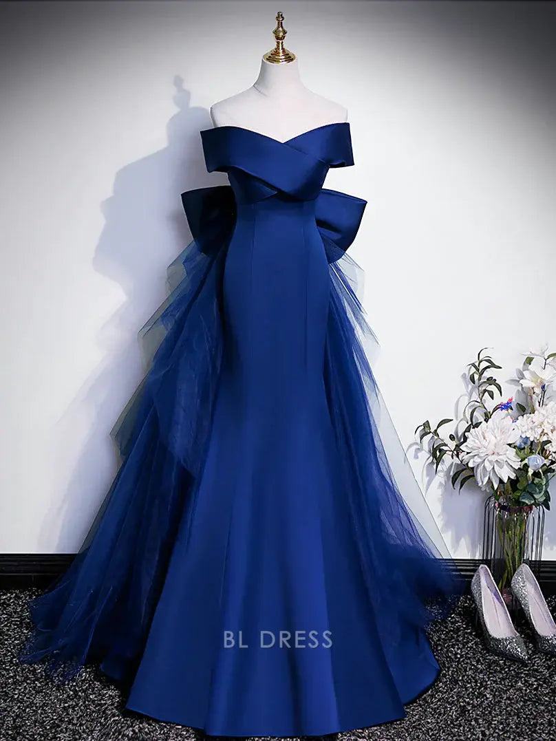 Royal blue mermaid off-shoulder satin formal gown.