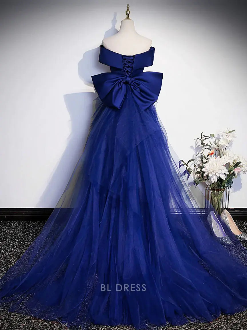 Back view of a royal blue mermaid off-shoulder satin evening dress.