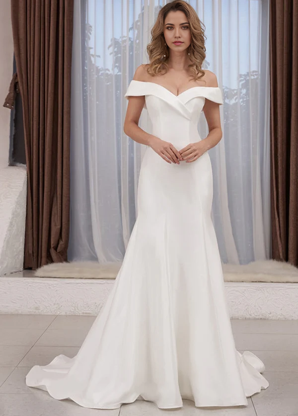 Elegant mermaid off-shoulder satin wedding dress with a sweep train.