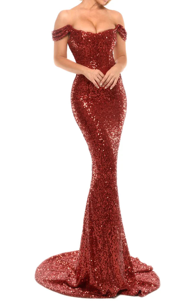 Model wearing a shimmering mermaid off-the-shoulder sequin prom dress.