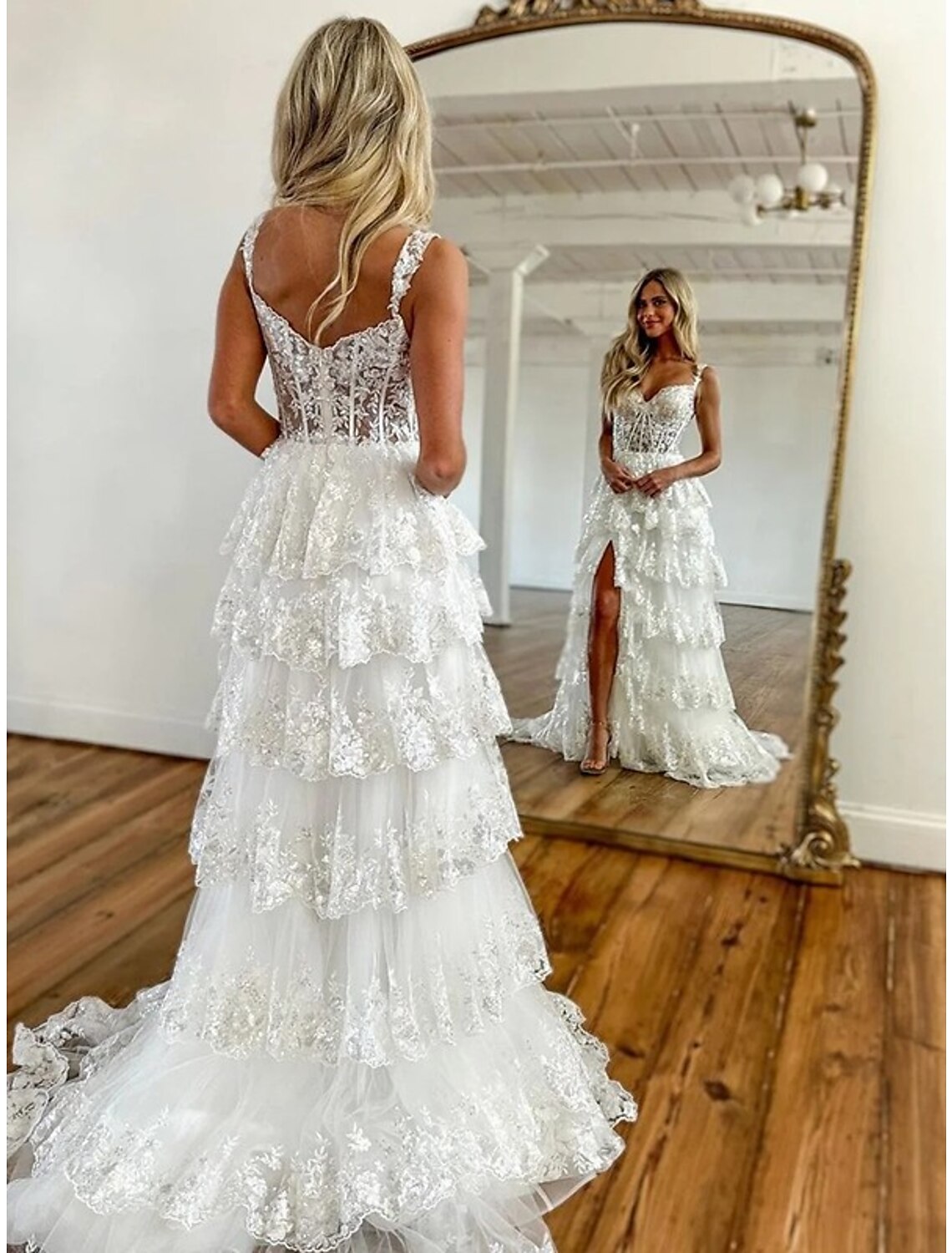 Side view of the off-shoulder sequin mermaid dress, emphasizing the high slit.