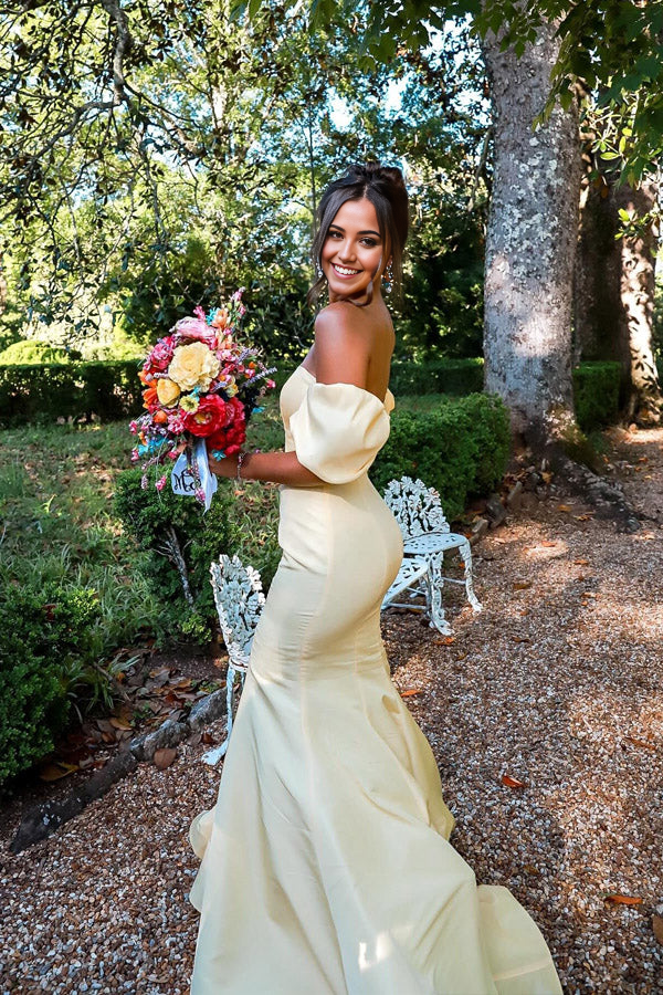 Elegant mermaid off-shoulder strapless long prom dress, front view.