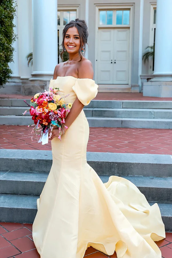 Sophisticated mermaid off-shoulder strapless long prom dress, back view.