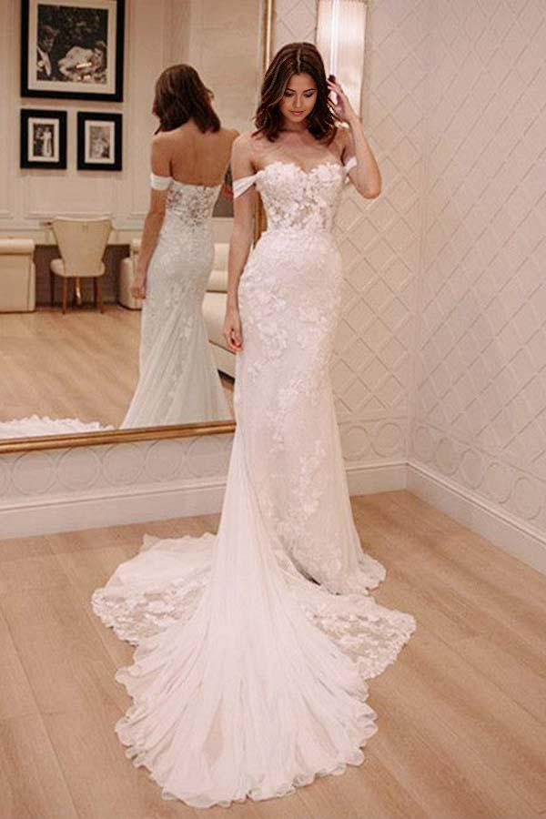 Mermaid off-shoulder wedding dress with lace appliques and court train.