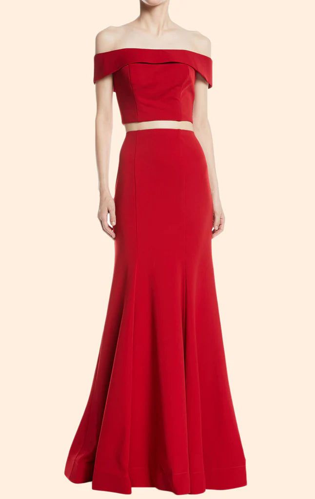 Elegant off-shoulder two-piece mermaid prom dress.