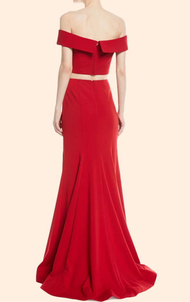Stylish off-shoulder two-piece mermaid formal gown.