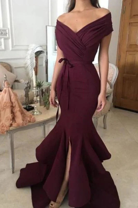 Elegant mermaid off-the-shoulder evening dress with a side slit.