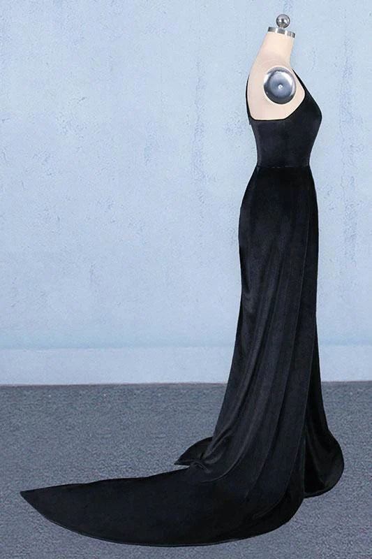 Side view of a black long mermaid evening dress with one shoulder.