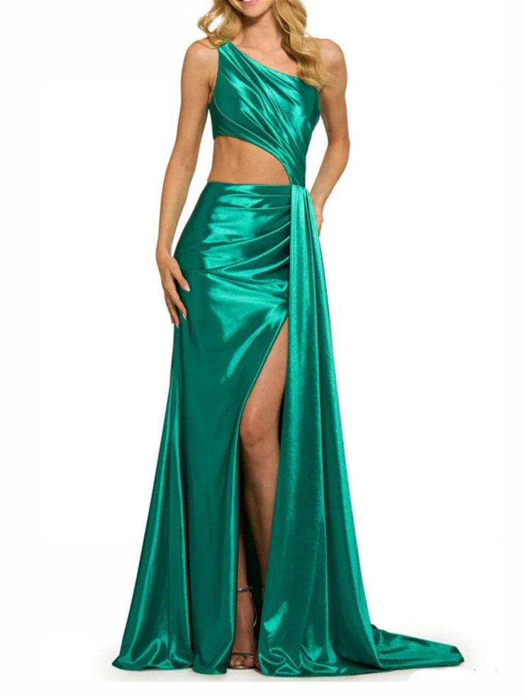 Model wearing an elegant black mermaid one shoulder evening dress with a side slit.