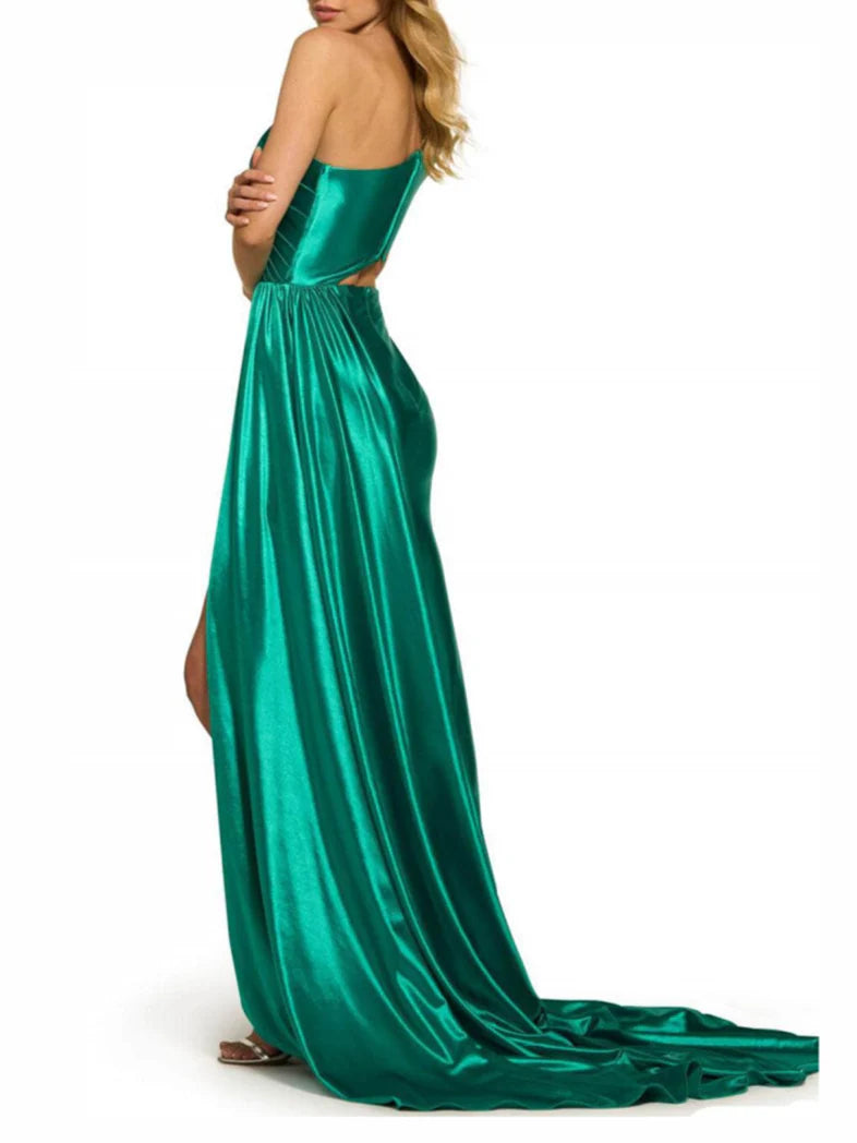 Full view of a model showcasing the black mermaid one shoulder formal gown.