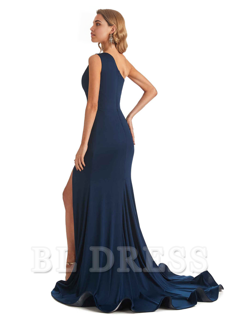 Full-length view of the formal mermaid dress with a side slit.