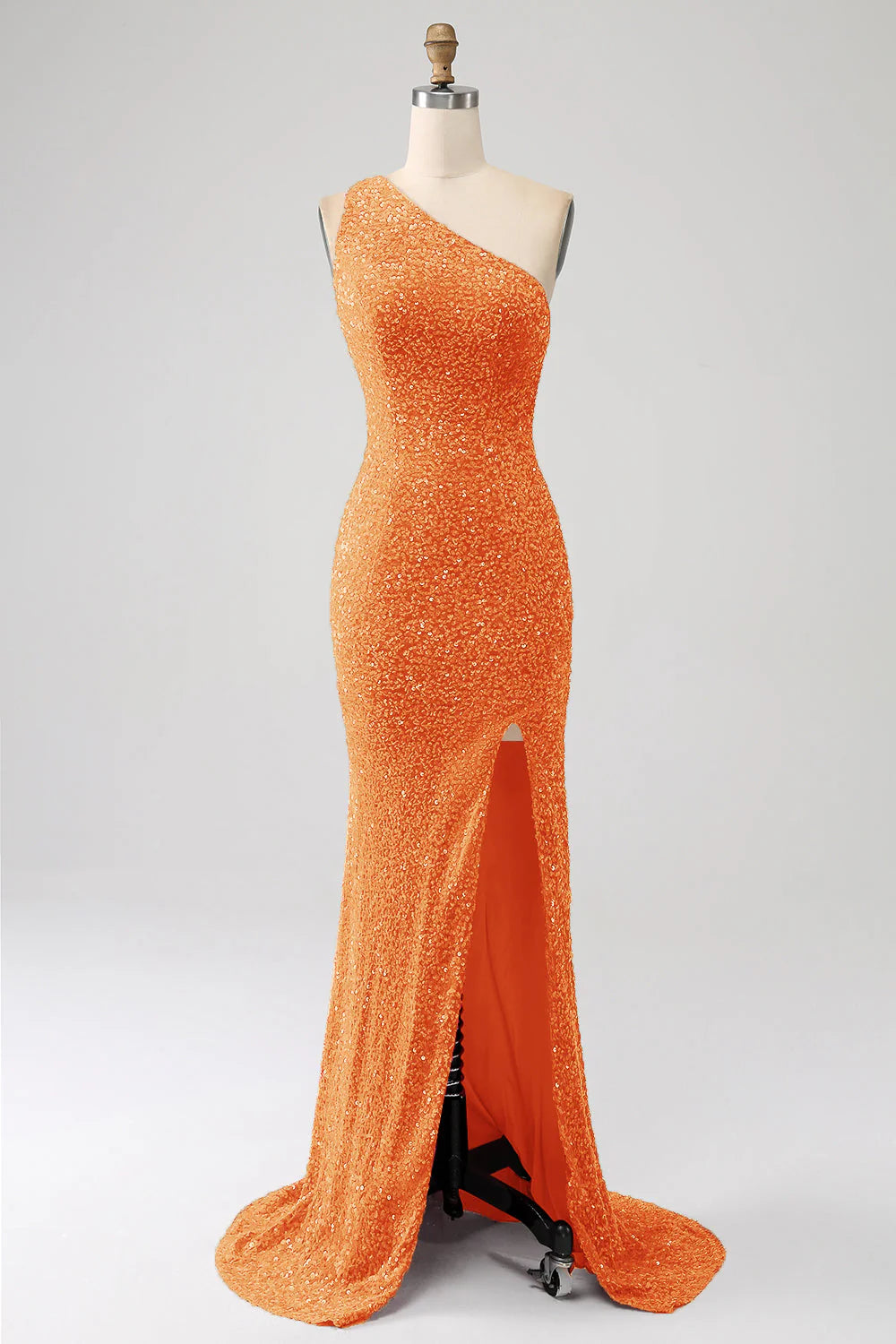 Mermaid one-shoulder sequin prom dress in orange, front view.