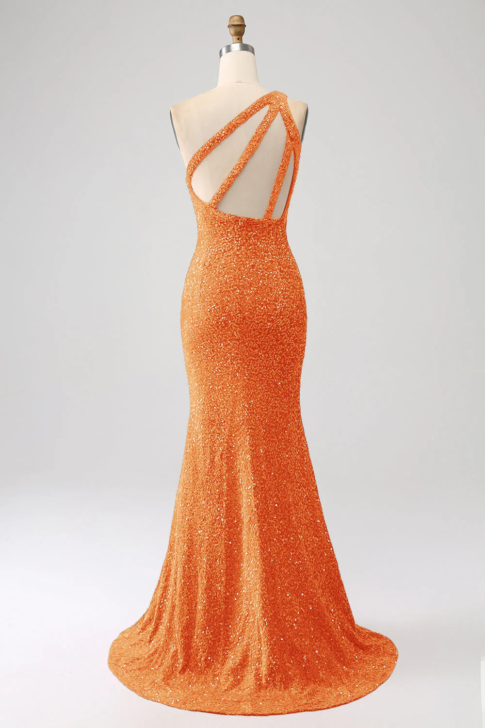 Orange mermaid one-shoulder sequin dress, side view, showing slit.