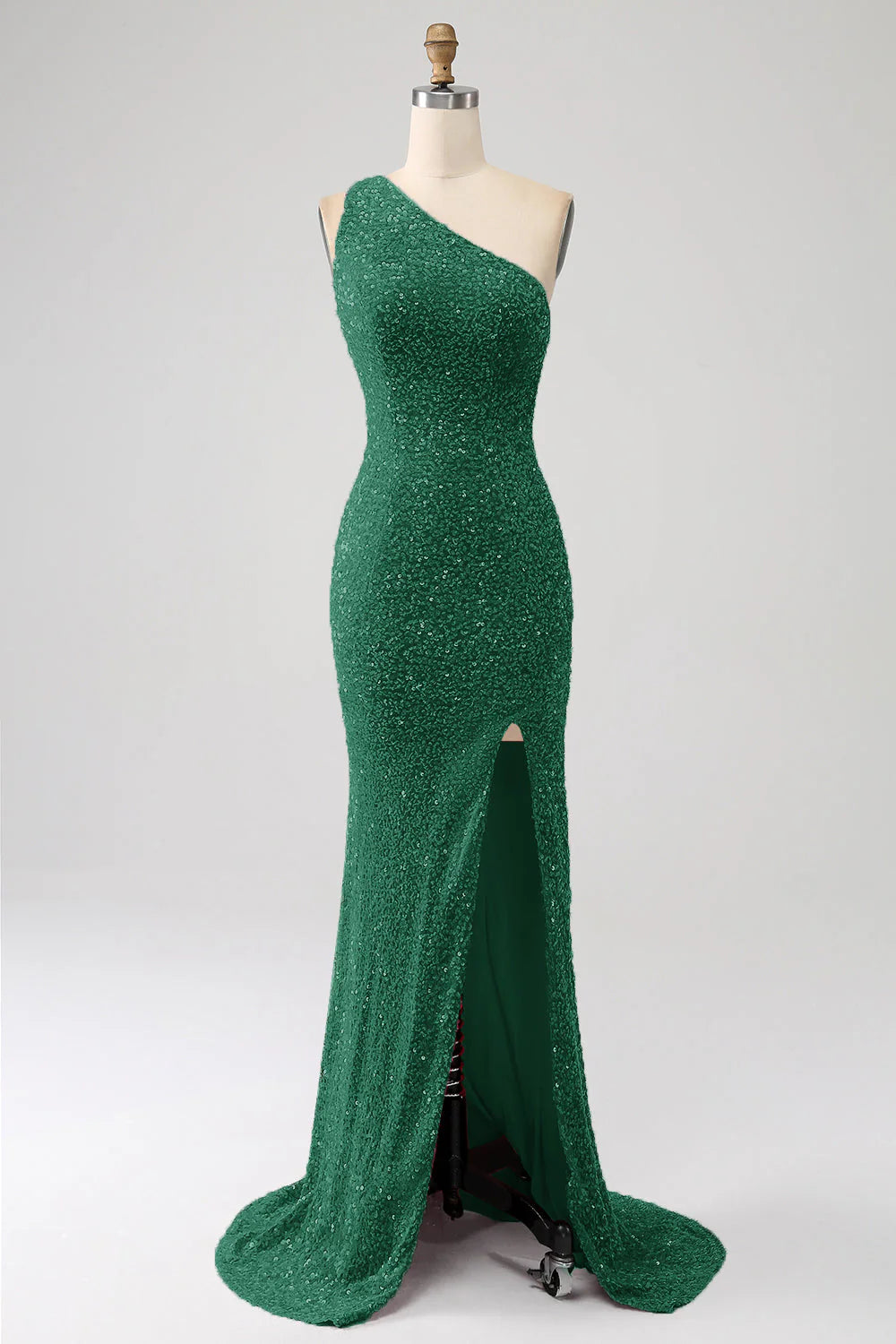 Mermaid one-shoulder sequin prom dress in dark green, front view.