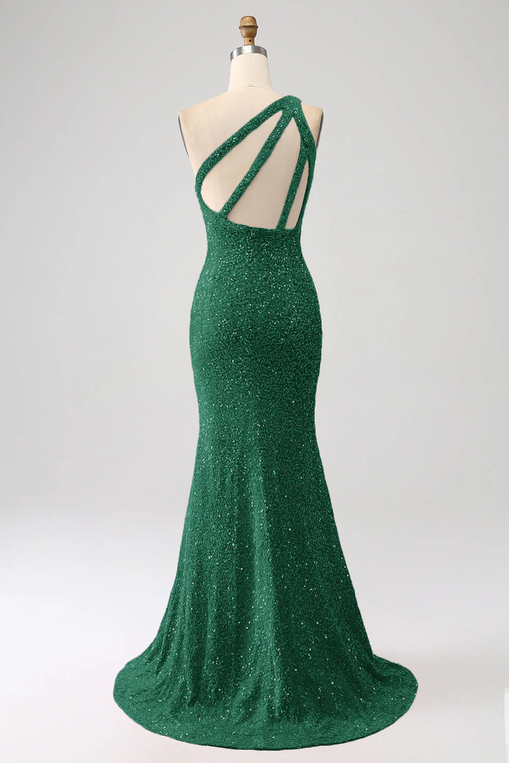 Dark green mermaid one-shoulder sequin dress, side view, showing slit.