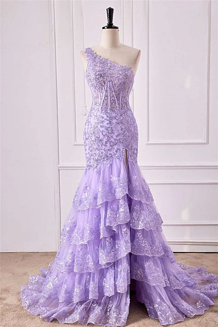 Violet purple one-shoulder mermaid prom dress with sequins and tiered ruffles.