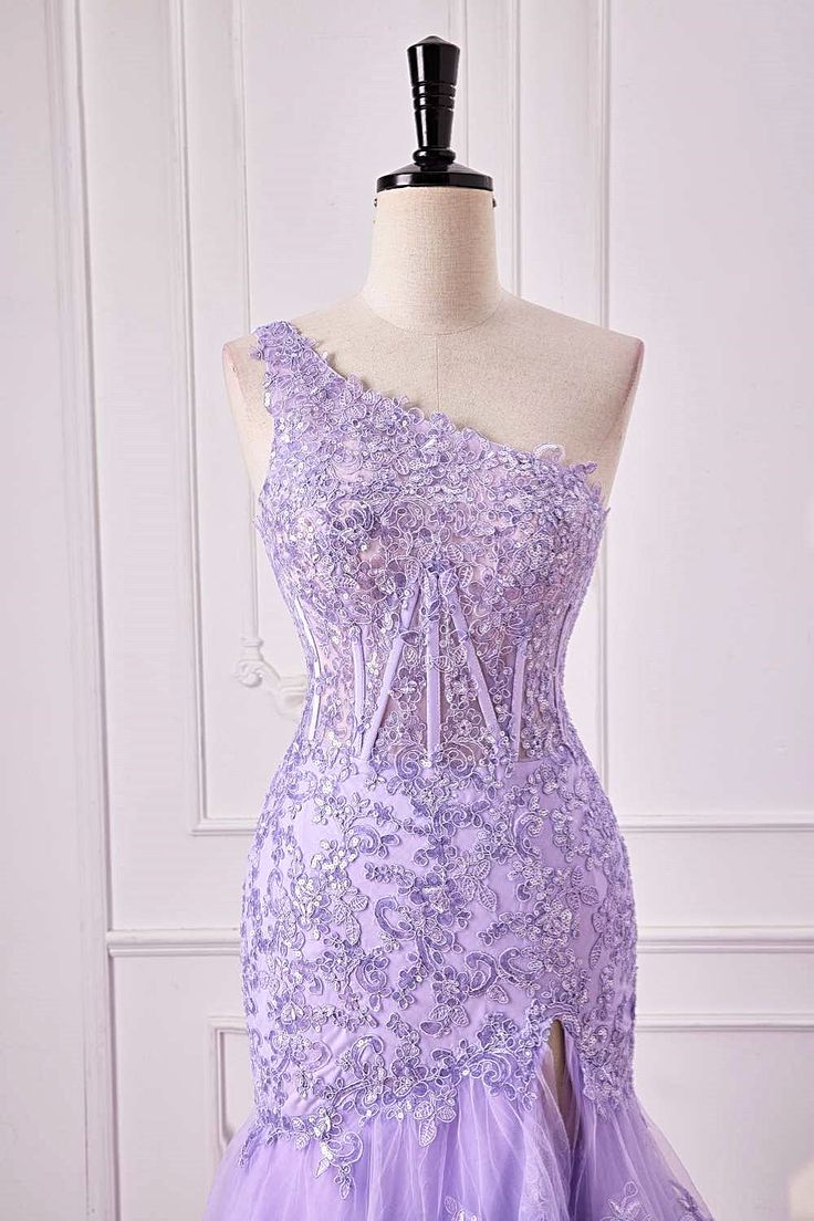 Full length view of a model wearing a violet purple one-shoulder sequin prom dress.