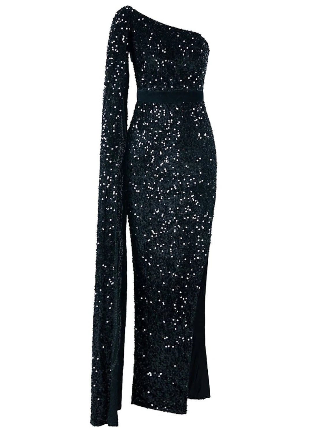 Close-up of the glitter and sequin details on the black evening gown.