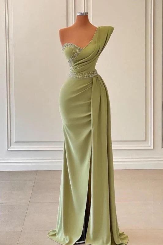 Elegant mermaid one-shoulder prom dress with a split and intricate beadings.
