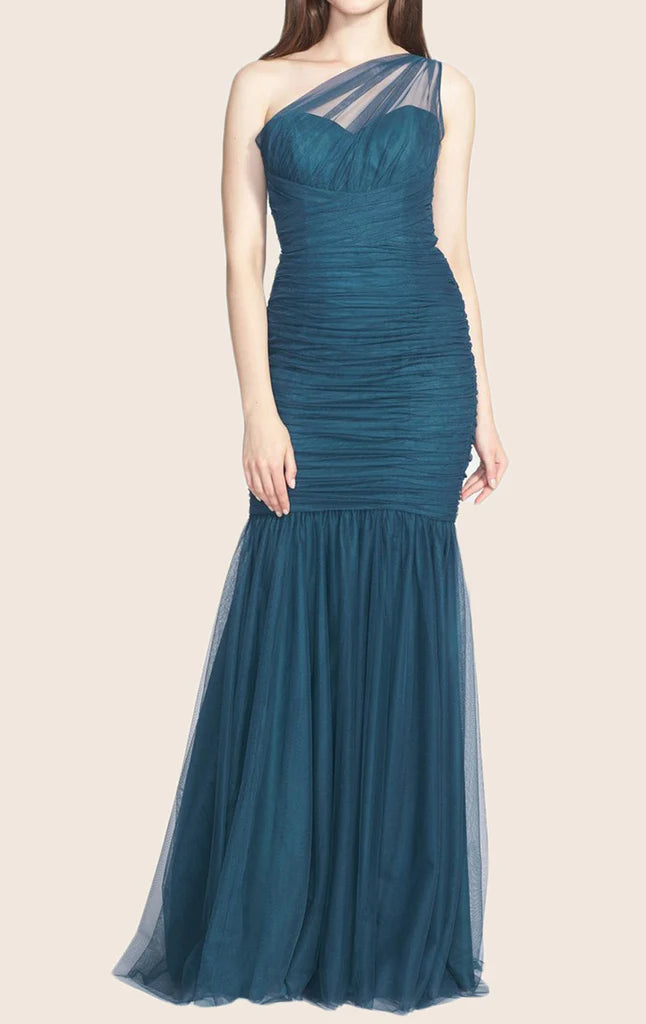 Elegant mermaid one shoulder tulle long prom dress, front view.
