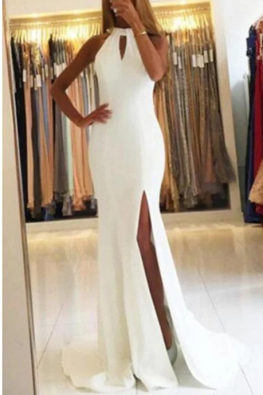 Elegant mermaid formal prom dress with a scoop neck and train.