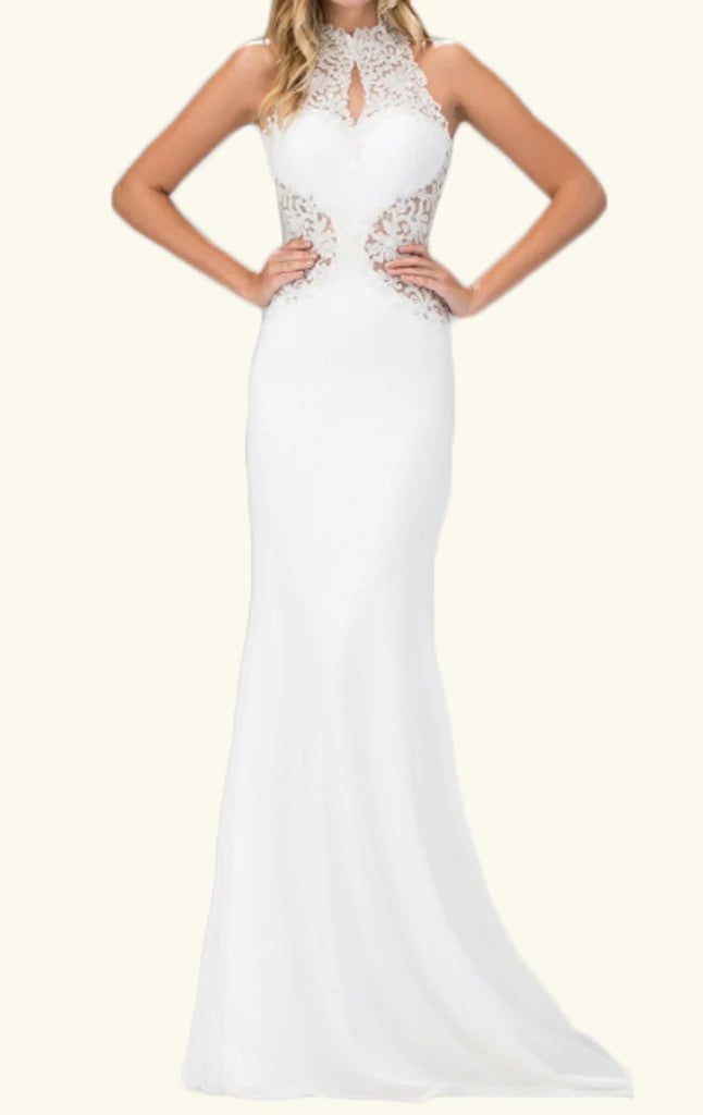 Elegant mermaid plunging V-neck lace prom dress with intricate detailing.
