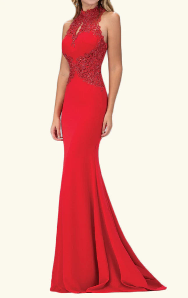 Side profile of a woman wearing a sleeveless mermaid lace dress.