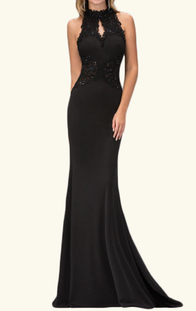 Close-up of the lace and sequin embellishments on a mermaid prom dress.