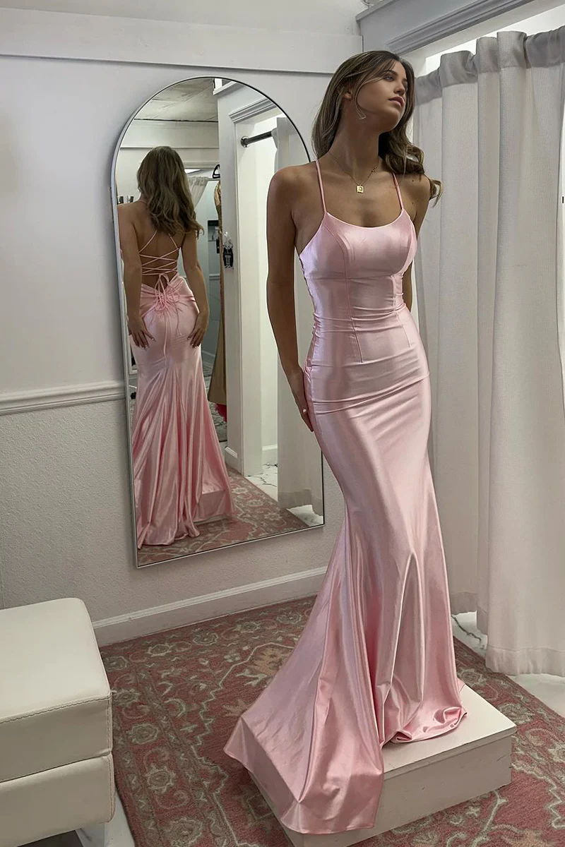 Pink satin mermaid prom dress with a scoop neck, front view.