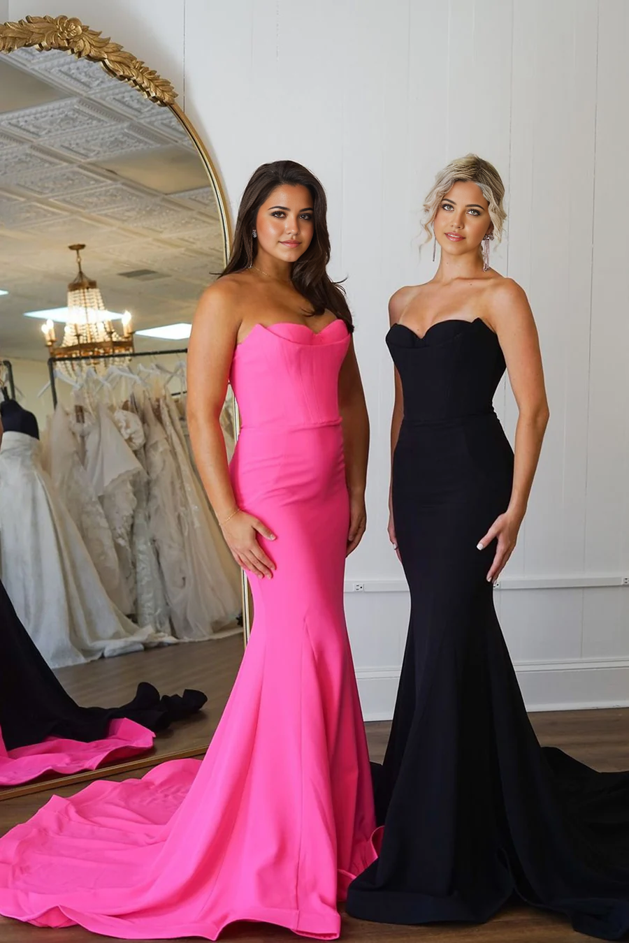 Elegant pink satin mermaid prom dress with a scoop neck.