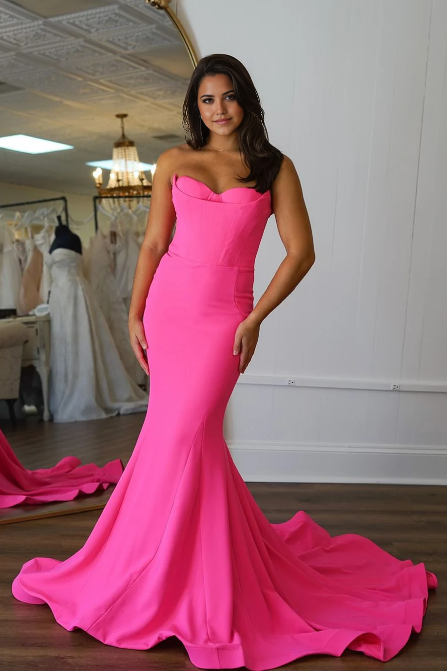 Back view of the pink satin mermaid evening gown, showcasing its long train.