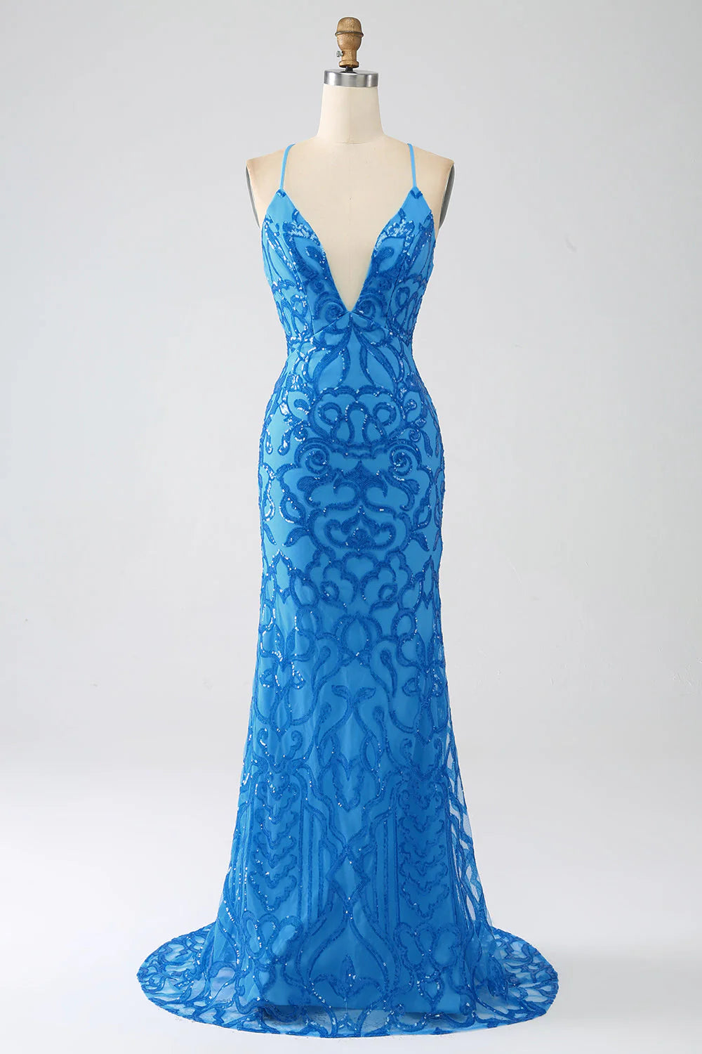 Elegant mermaid sequin spaghetti strap long prom dress.