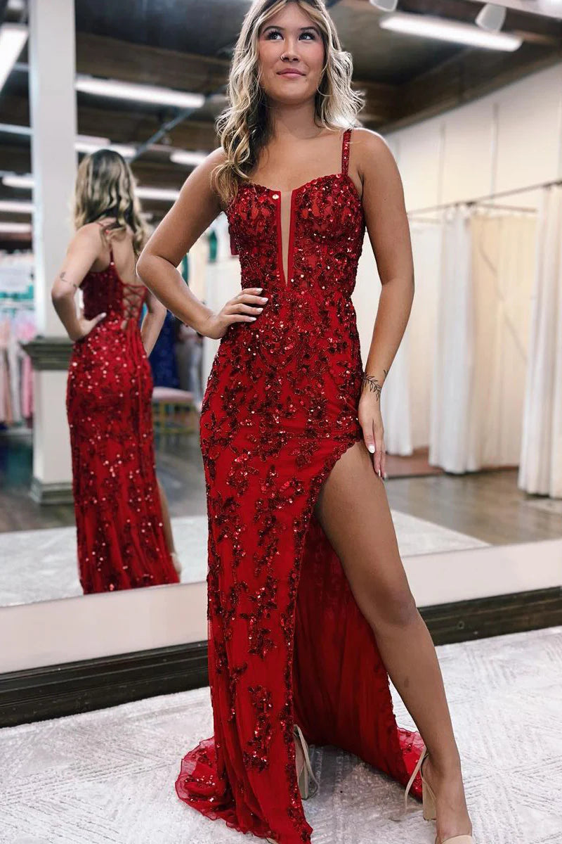 Elegant mermaid sequin prom dress with spaghetti straps and a high slit.