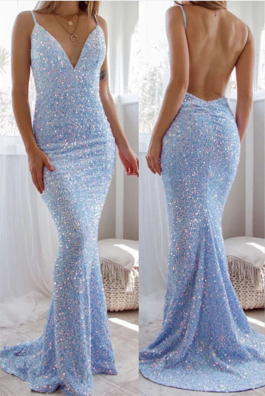 Elegant mermaid sequin prom dress with spaghetti straps and V-neck.