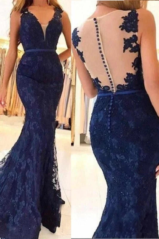 Elegant mermaid formal dress with sheer back lace detailing, suitable for prom.