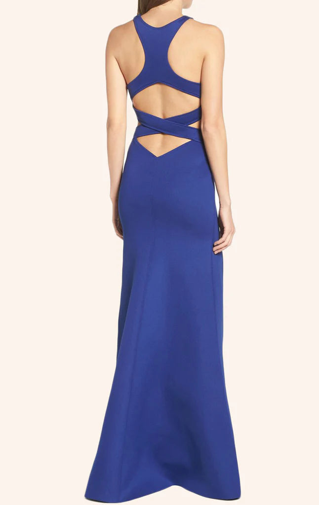 Rear view of a sleek, sleeveless mermaid gown, showcasing its elegant silhouette.