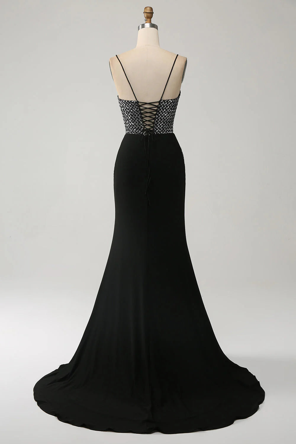 Back view of the black mermaid dress showing corset detailing.