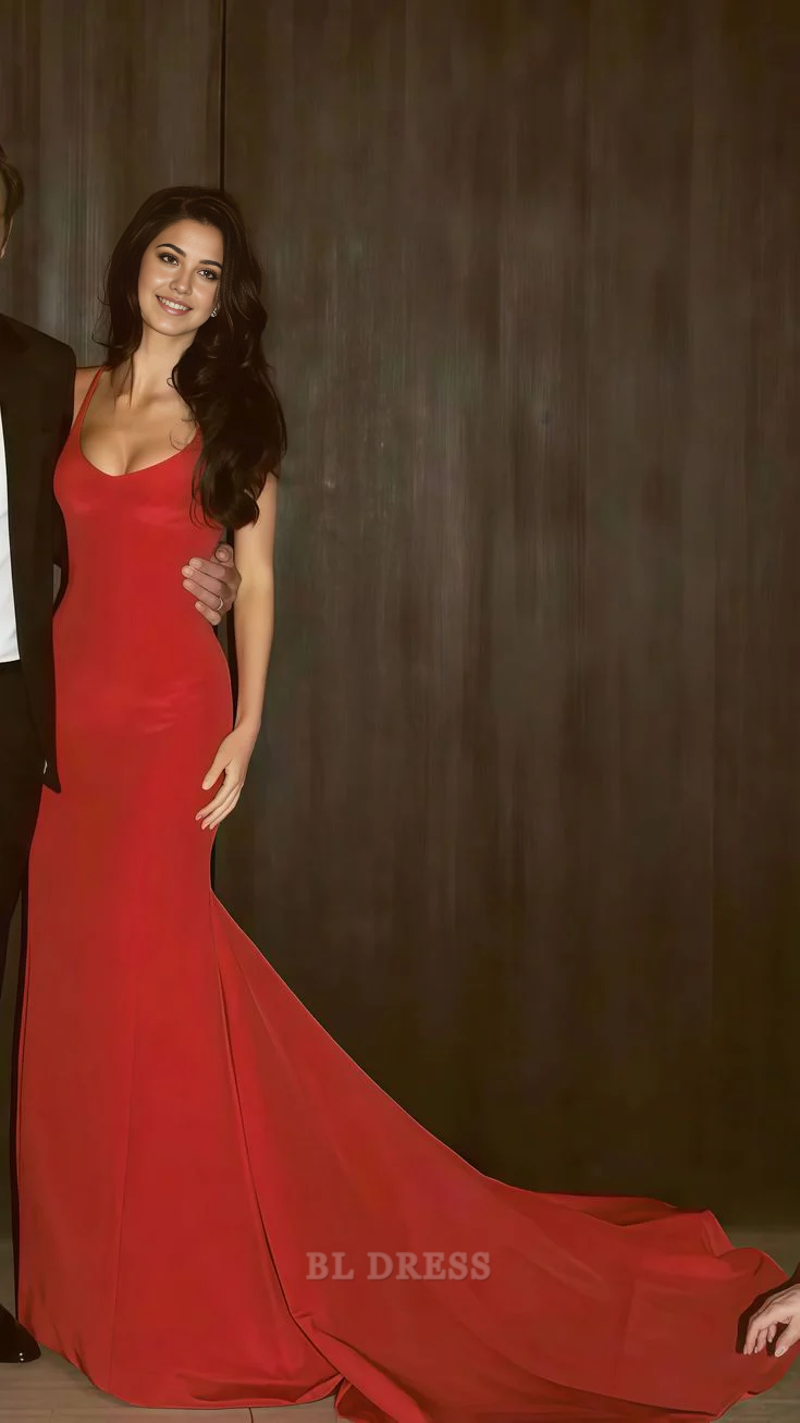 Back view of the luxurious red satin evening gown, showcasing its mermaid silhouette.