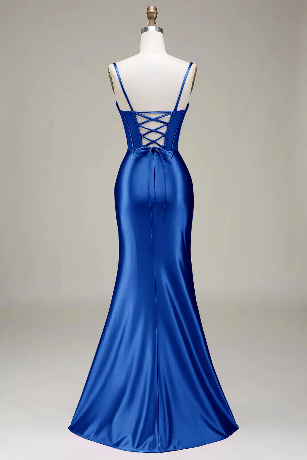 Front view of a royal blue mermaid evening gown.
