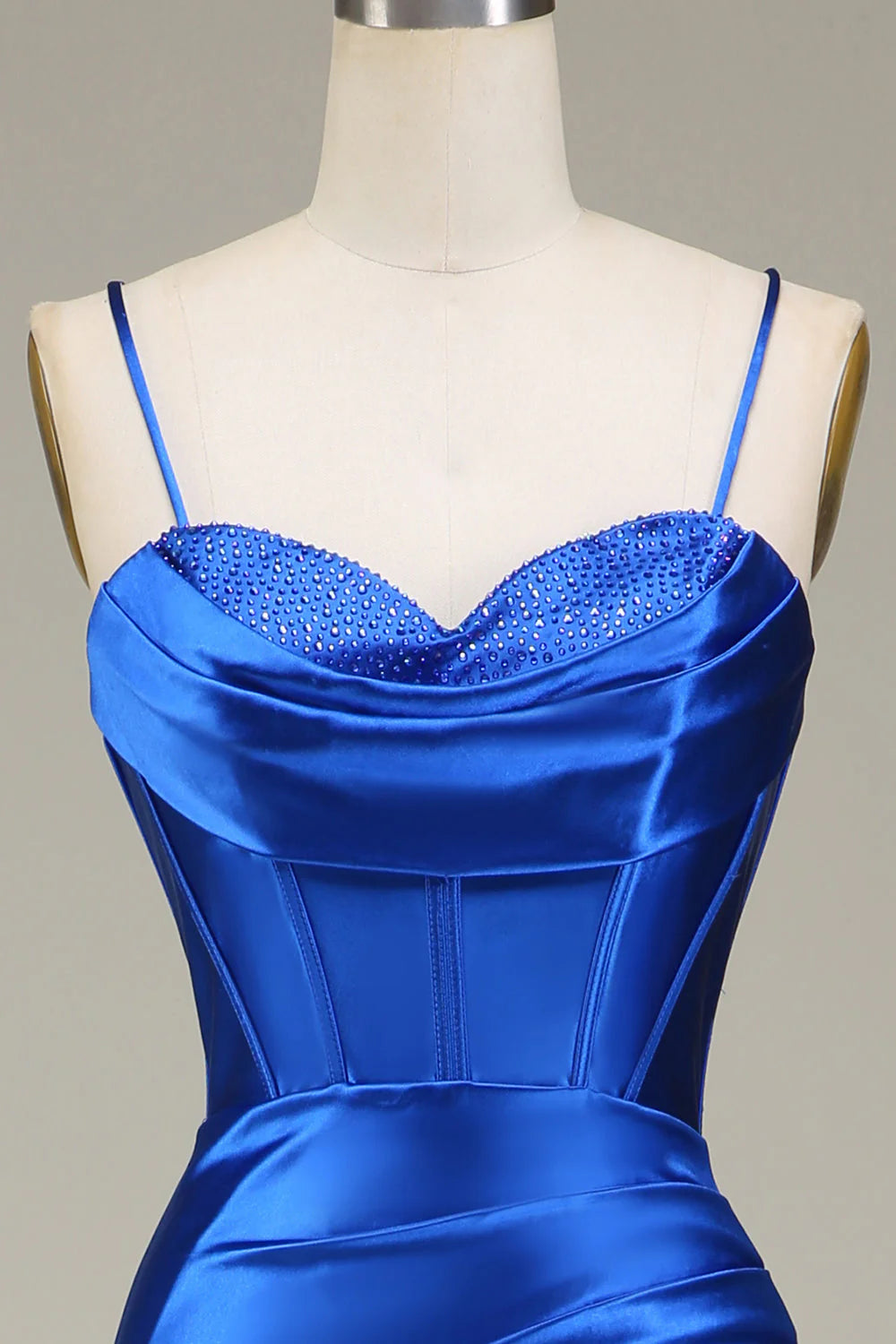 Back view of the long royal blue prom dress.