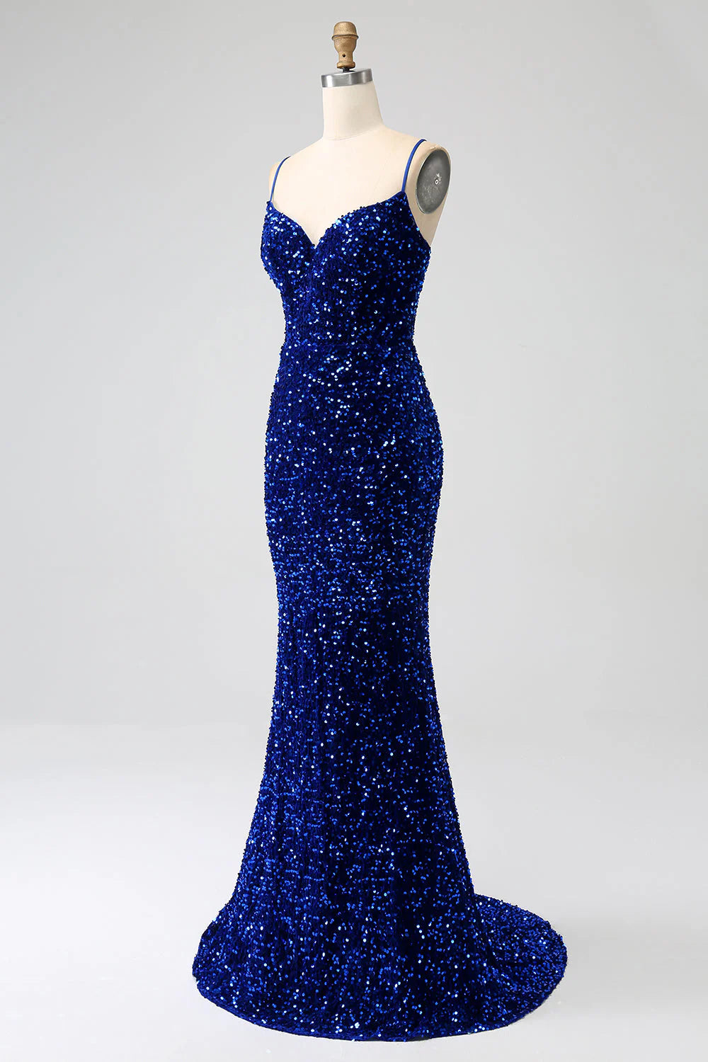 Back view of the elegant royal blue mermaid formal gown.