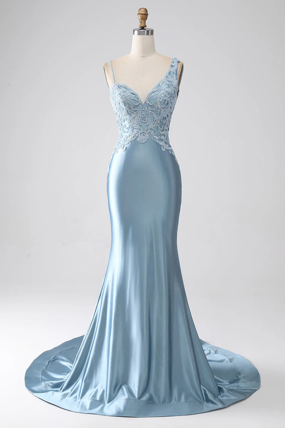 Elegant grey-blue mermaid prom dress with spaghetti straps, intricate beading, and appliques.
